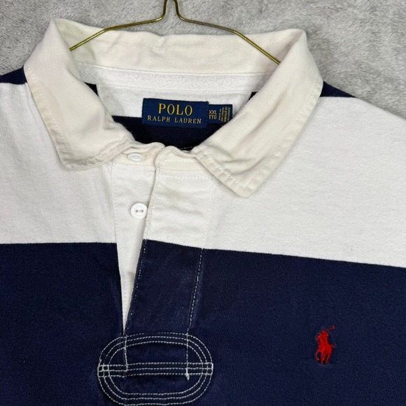 Polo Ralph Lauren Rugby Shirt Mens XXL White Navy Stripe Long Sleeve Polo Pony - Picture 3 of 8